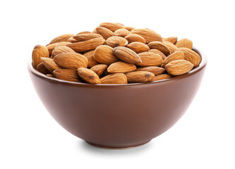 Bowl with healthy almonds on white background