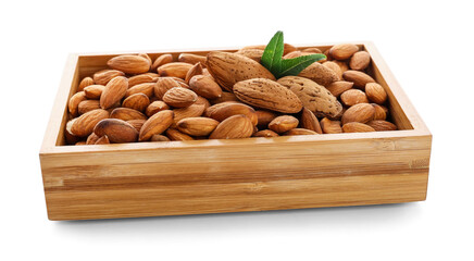 Wooden box with healthy almonds on white background