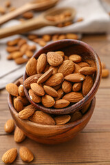Bowls of almonds on wooden background