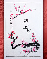 Two swallows fly against the background of blossoming sakura branches. Traditional oriental ink painting. Picture in a silk frame. Illustration.