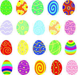 Easter colored eggs set. 20 in 1 pack. Vector.