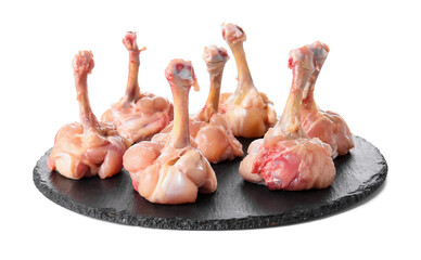 Plate with raw chicken lollipops on white background