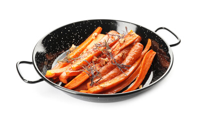 Dish of tasty baked carrot on white background