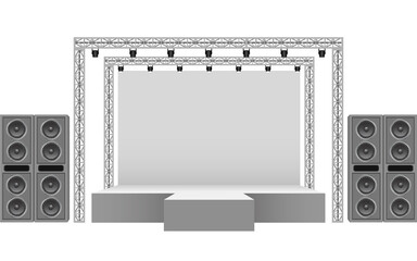 white stage and speaker with spotlight on the truss system on the white background - obrazy, fototapety, plakaty