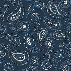 Hand-Drawn Artistic Monochrome Dark Blue Paisley Vector Seamless Pattern. Boho Traditional Ethnic Fashion Shawl Print. Monochrome Line Painterly Doodle Folk Foulard Texture Background