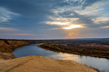 Aerial view of steppe and river Don in Russia. Beautiful autumn landscape