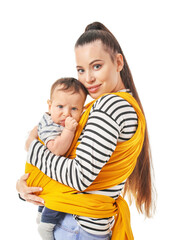 Young mother with little baby in sling on white background