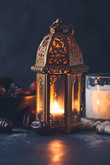 Muslim lamp, glass of milk and tasbih with dates on dark background © Pixel-Shot
