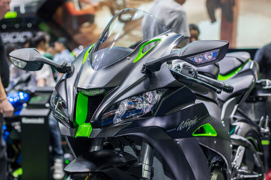 Nonthaburi , Thailand - April 7, 2018 : Kawasaki Ninja Zx 10R electronic motorcycle sports design . big bike in motor show .