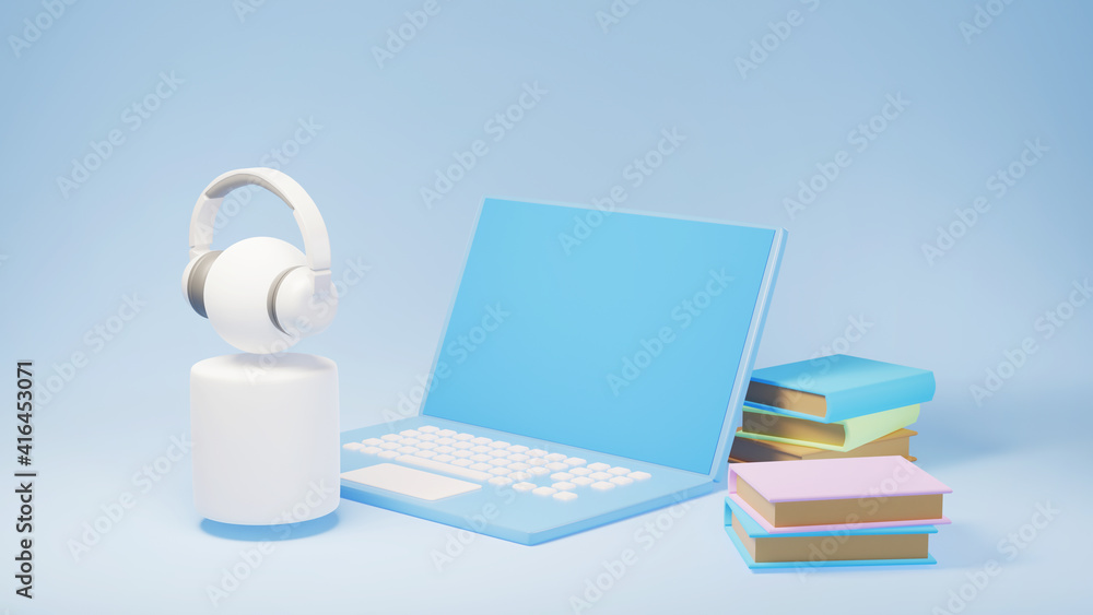 Poster digital online education. 3d of notebook and books about learning on phone, computer. social distanc