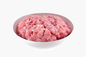 Raw fresh minced pork meat in white bowl isolated on white background