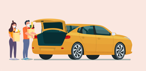 Man and woman with face mask holding grocery bags next to the trunk of the sedan car. Vector flat style illustration.