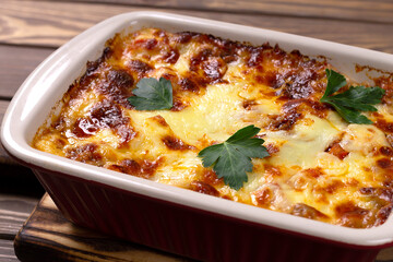 Italian lasagna with meat, cheese, herbs and tomato sauce, in a baking tray, on a wooden table.