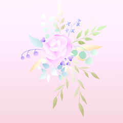 Delicate pink rose with silver dollar tree leaves. Vector illustration.