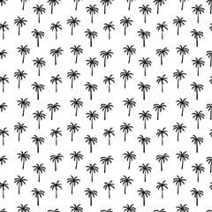 Black palm trees on the white background. Vector seamless pattern. Tropical illustration. Jungle foliage.