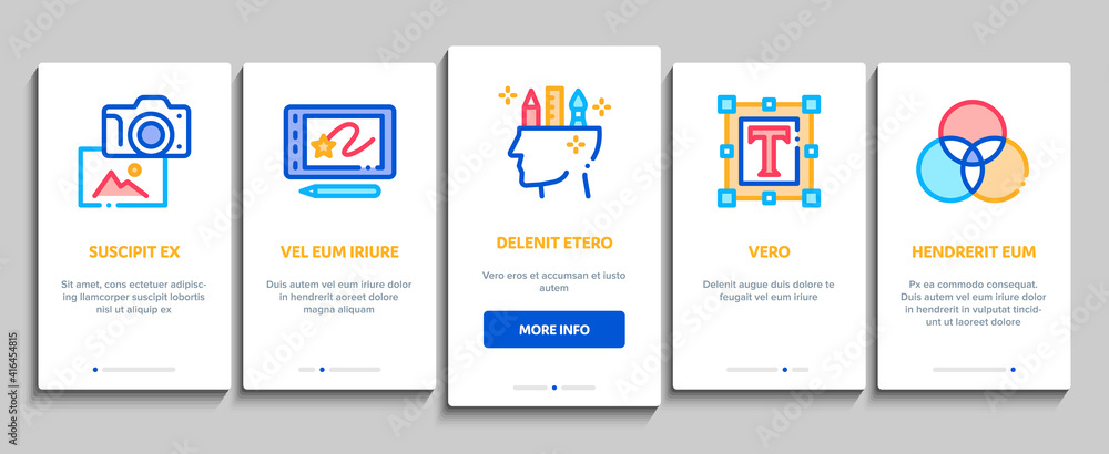 Poster graphic design and creativity onboarding mobile app page screen vector. photo camera and tablet for 