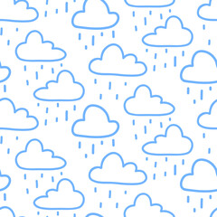 Vector blue clouds on white background seamless pattern. Rainy doodle print for textile, fabric, wallpaper, wrapping paper, design and decoration.
