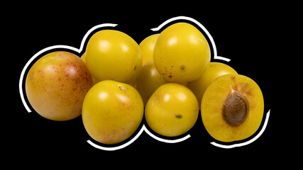 Slice apricots and plums pile orange yellow isolated on black background with clipping​ path​