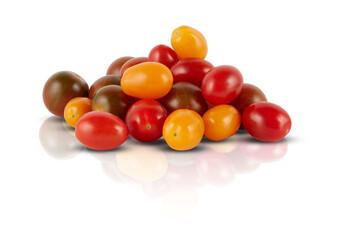 colorful brown yellow red tomatoes on a white background mirror shadows reflections isolated with clipping ​path​