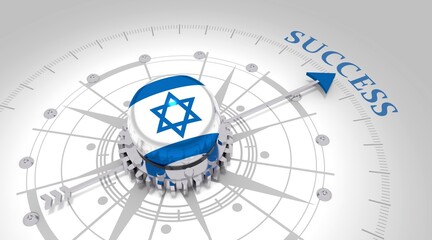 Business concept. Abstract compass points to the success word. Flag of Israel. 3D rendering