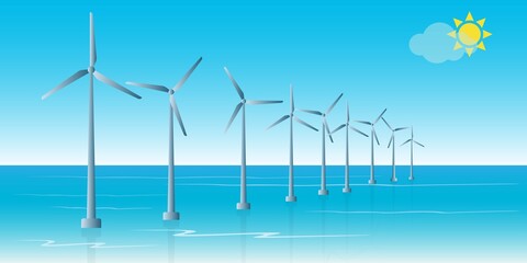 Windmills on the sea in the water, green energy concept