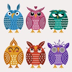 Vector icons of owls, isolated bright owls on a white background