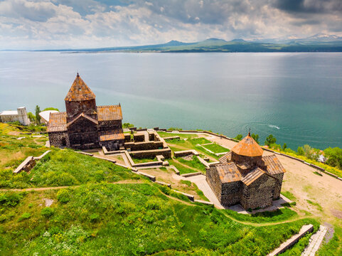 Top View Sevanavank Monastery dramatic sky at sunset, Armenia
