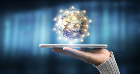 Smartphone placed on hand like tray using flying earth network connection.Elements of this image furnished by NASA