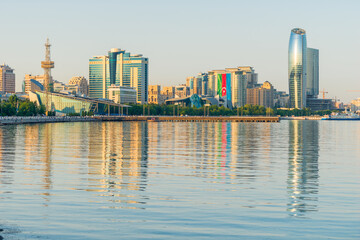 Baky skyline view from Baku boulevard or the Caspian Sea embankment. Baku is the capital and largest city of Azerbaijan and of the Caucasus region.