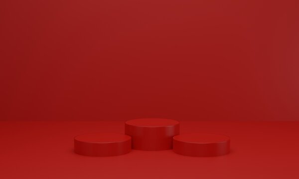 Empty Red Platform For Showing Product. Podium In Red Studio Room. 3d Render