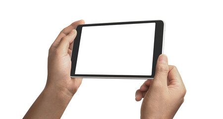 Hands holding a tablet touch computer gadget