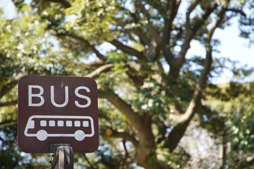 A bus stop sign surrounded by greenery on a sunny day