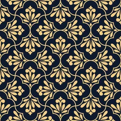 Wall murals Blue gold Flower geometric pattern. Seamless vector background. Gold and dark blue ornament. Ornament for fabric, wallpaper, packaging. Decorative print