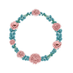 Lovely eucaliptus and pink flowers wreath, wedding steationery decor element