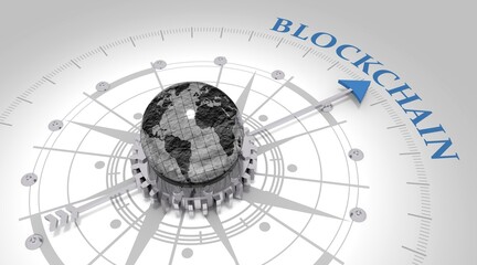 Abstract financial technology background represent blockchain. Investment financial internet technology concept. World map. 3D rendering