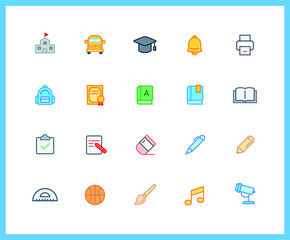 school supplies and subjects linear icons and color icons. roller, brush, art ,science ,sport. Set of study symbols drawn with thin contour lines. Vector illustration.