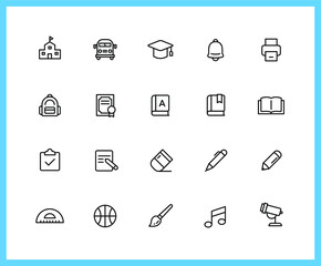school supplies and subjects linear icons and color icons. roller, brush, art ,science ,sport. Set of study symbols drawn with thin contour lines. Vector illustration.