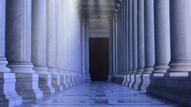 Path between classic architecture colonnade symbol of unknown and mystery, sunrise light effect, zoom out departure from dark door at the end