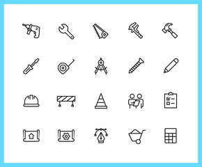 Factory and Instrument linear icons and color icons. equipment, hammer, screw. Set of wrench,gear symbols drawn with thin contour lines. Vector illustration.