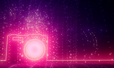 Obraz premium Illustration of photo camera icon with lens aperture. Outline style. 3D rendering. Neon shine