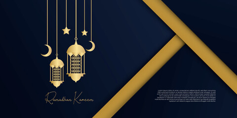  Premium ramadan kareem card design. Vector illustration of an arabic text Ramadan Kareem meaning generous Ramadan (month of fasting)in gold with dark textured background. Minimalistic design. 