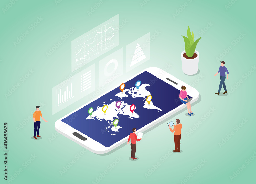 Poster world statistic concept with worlds map and data with modern isometric style