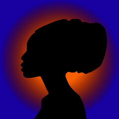 Silhouette of a young beautiful African woman in a national turban. Black silhouette on a sunset background. Sunset gradient. Vector illustration.