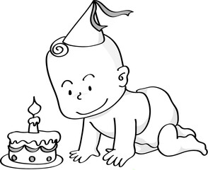 vector cartoon baby with birthday cake