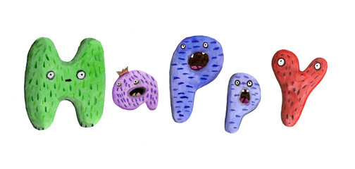 cartoon monster alphabet funny colorful doodle crazy font character illustration watercolor