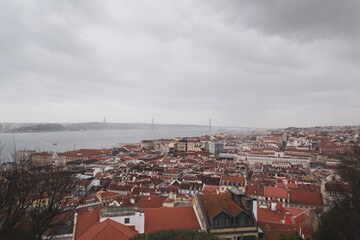 View of Lisbon during a foggy winter day