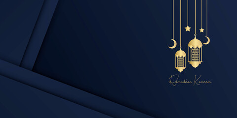 Islamic background Ramadhan theme vector illustration with silhouette of mosque and lantern in flat design. Blue gold abstract ramadan background with golden lines and lantern