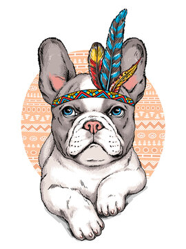 Cute cartoon french bulldog in indian headdress. Bright illustration in ethnic style. Stylish image for printing on any surface