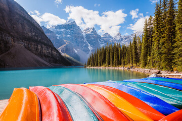 Canoes at Moraine lake, Banff National Park, Canada