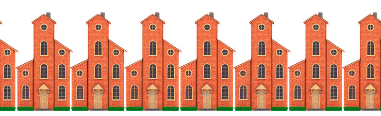 Fototapeta na wymiar Illustration of fantastic brick houses with European-style tiled houses arranged in a row. Isolated seamless pattern on white background. 3D Render.